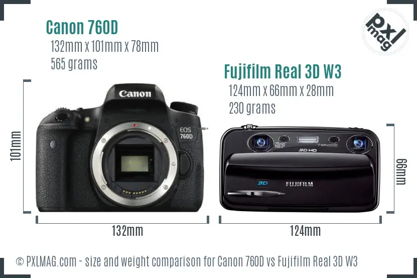 Canon 760D vs Fujifilm Real 3D W3 size comparison