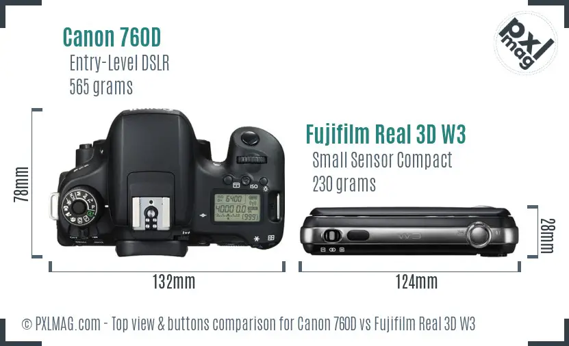 Canon 760D vs Fujifilm Real 3D W3 top view buttons comparison