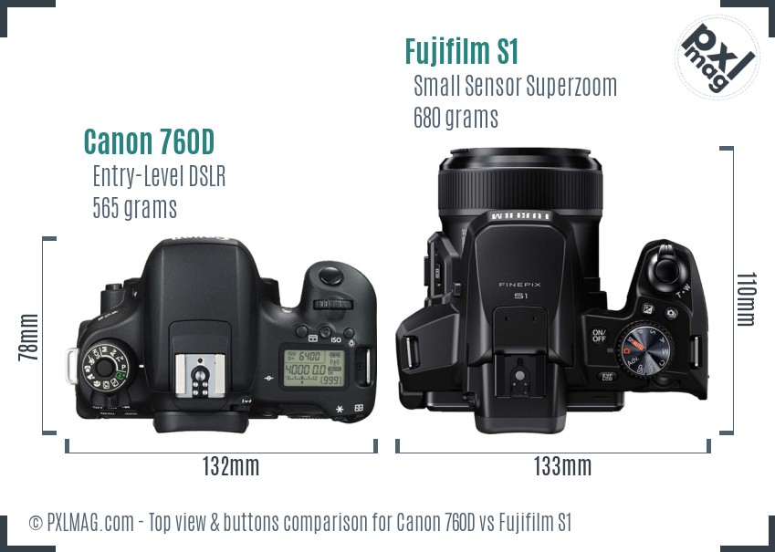 Canon 760D vs Fujifilm S1 top view buttons comparison