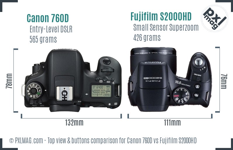 Canon 760D vs Fujifilm S2000HD top view buttons comparison