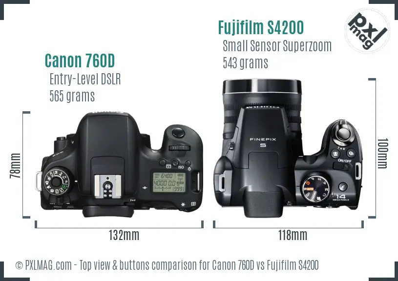 Canon 760D vs Fujifilm S4200 top view buttons comparison