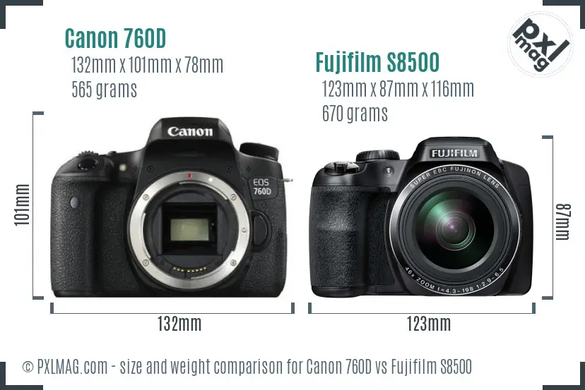 Canon 760D vs Fujifilm S8500 size comparison