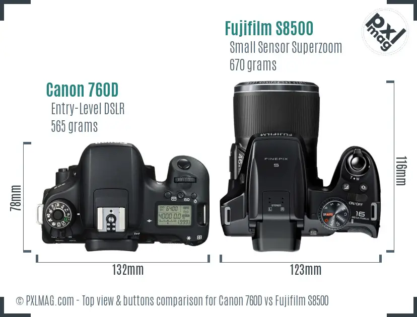 Canon 760D vs Fujifilm S8500 top view buttons comparison