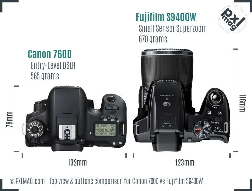 Canon 760D vs Fujifilm S9400W top view buttons comparison Canon 760D vs Fujifilm S9400W top view buttons comparison