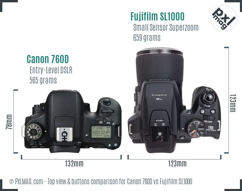 Canon 760D vs Fujifilm SL1000 top view buttons comparison Canon 760D vs Fujifilm SL1000 top view buttons comparison