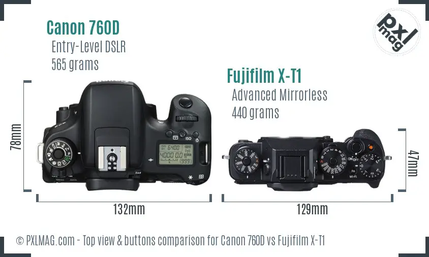 Canon 760D vs Fujifilm X-T1 top view buttons comparison