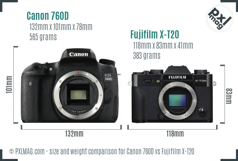 Canon 760D vs Fujifilm X-T20 size comparison