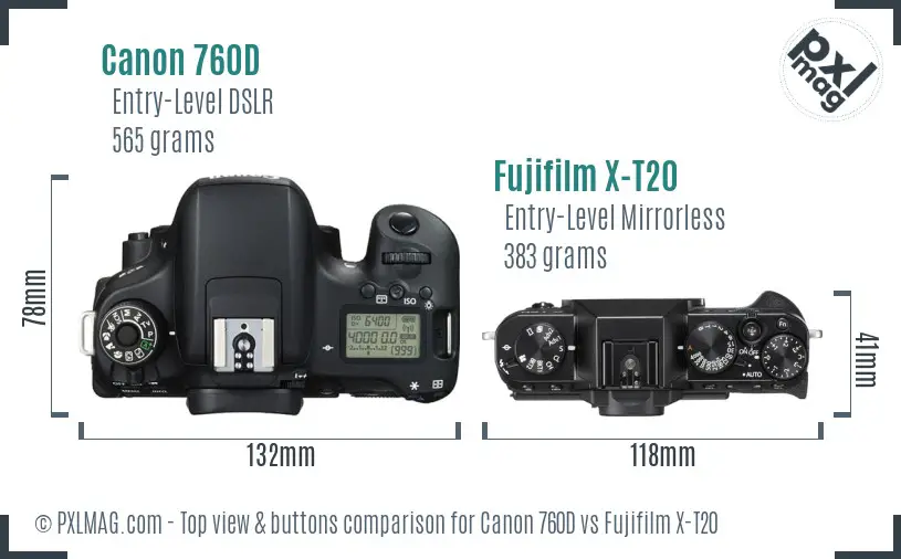 Canon 760D vs Fujifilm X-T20 top view buttons comparison