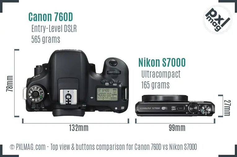 Canon 760D vs Nikon S7000 top view buttons comparison