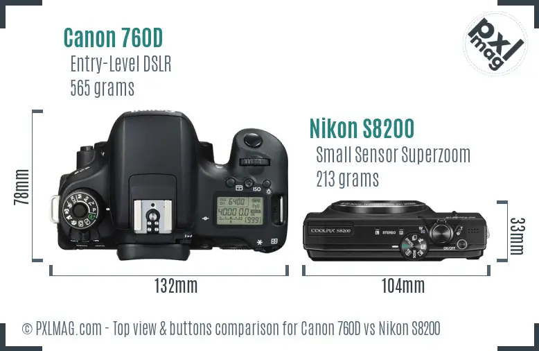 Canon 760D vs Nikon S8200 top view buttons comparison