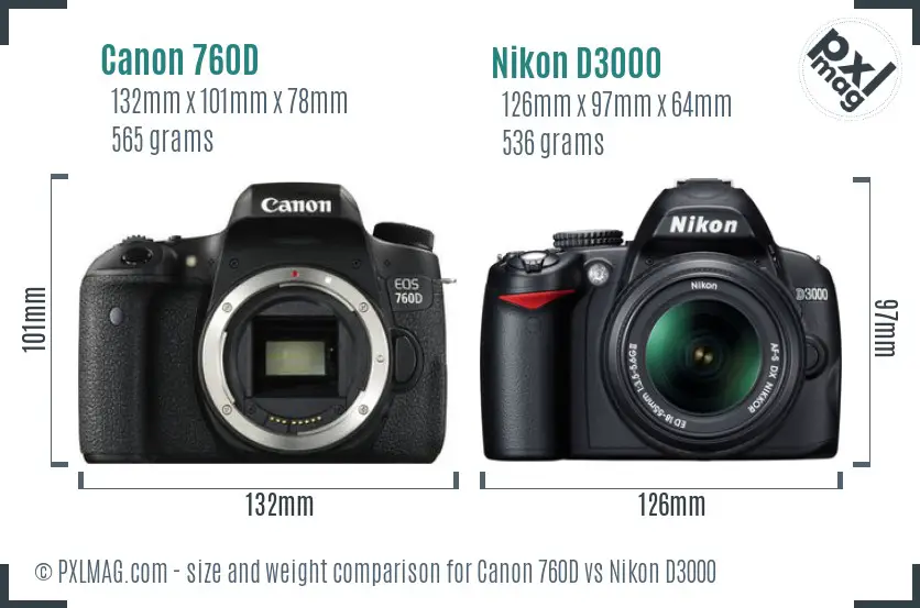 Canon 760D vs Nikon D3000 size comparison