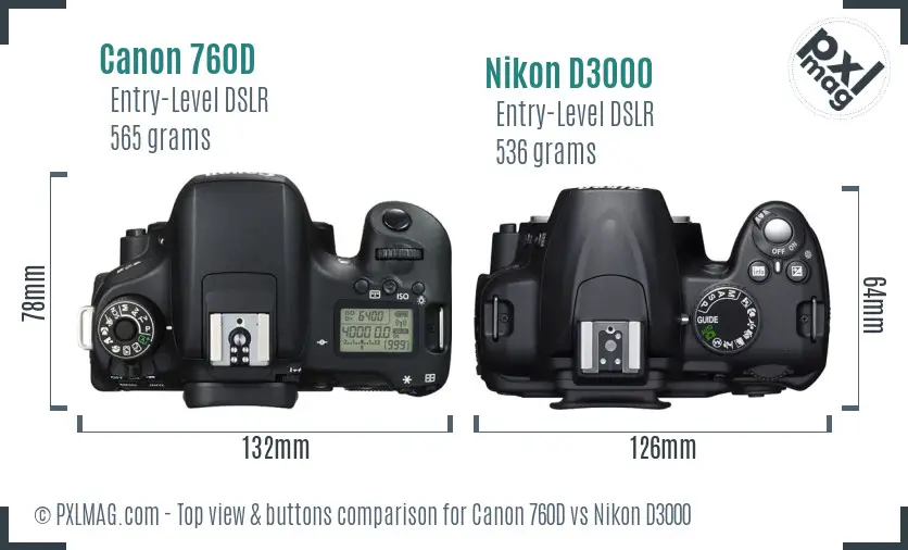 Canon 760D vs Nikon D3000 top view buttons comparison