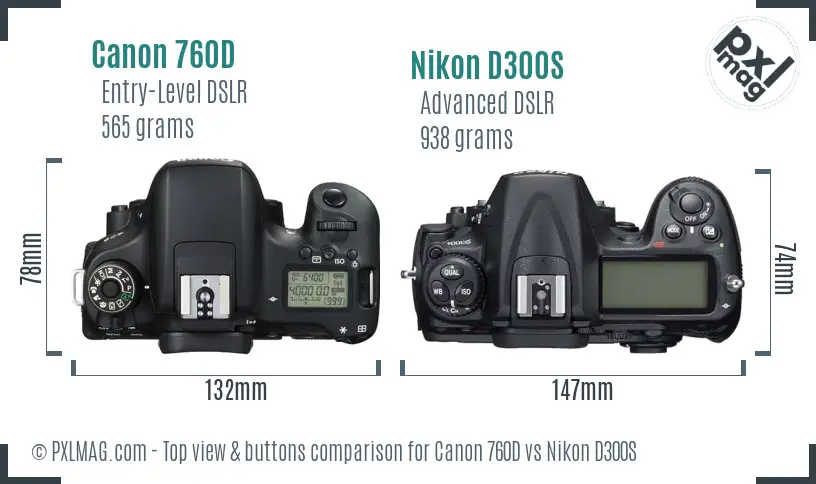 Canon 760D vs Nikon D300S top view buttons comparison Canon 760D vs Nikon D300S top view buttons comparison