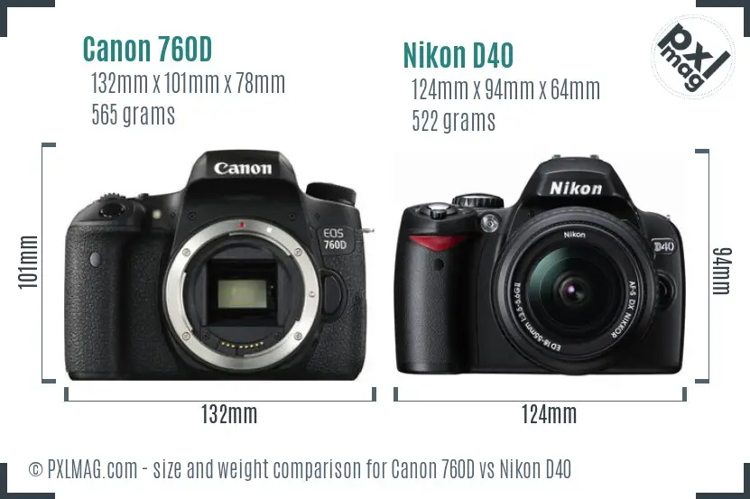 Canon 760D vs Nikon D40 size comparison