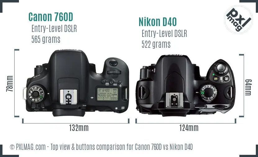 Canon 760D vs Nikon D40 top view buttons comparison