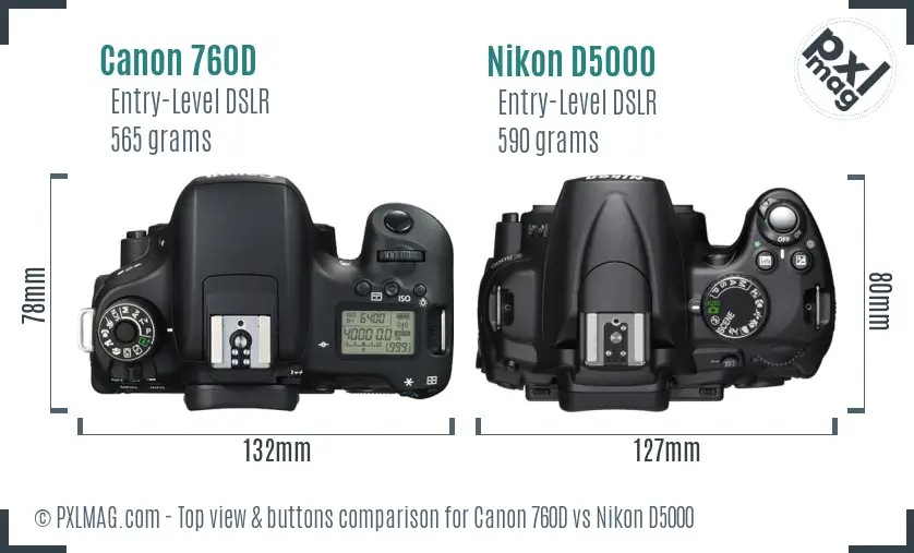 Canon 760D vs Nikon D5000 top view buttons comparison