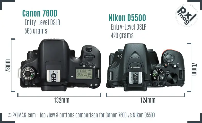 Canon 760D vs Nikon D5500 top view buttons comparison