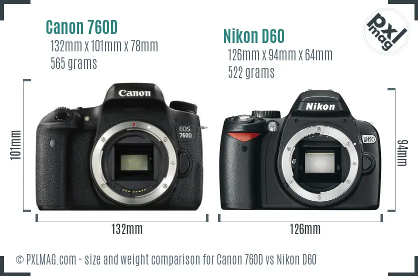 Canon 760D vs Nikon D60 size comparison