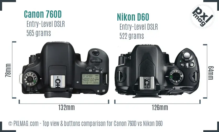 Canon 760D vs Nikon D60 top view buttons comparison