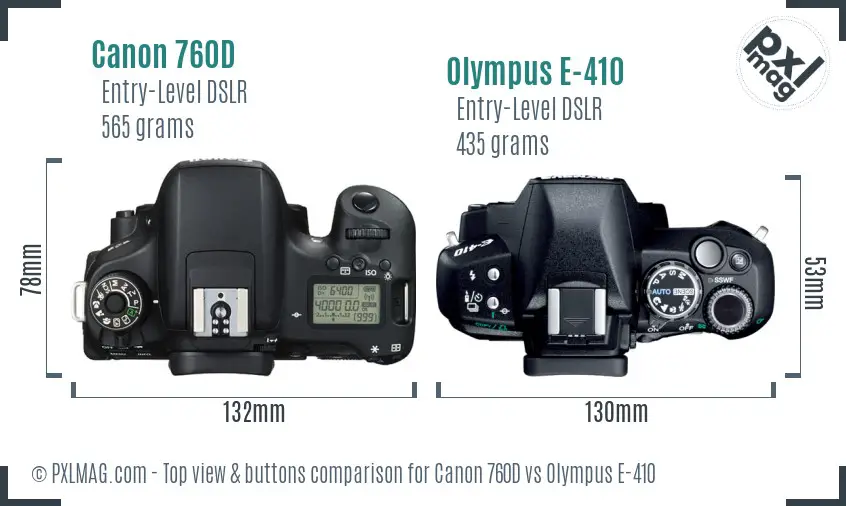 Canon 760D vs Olympus E-410 top view buttons comparison