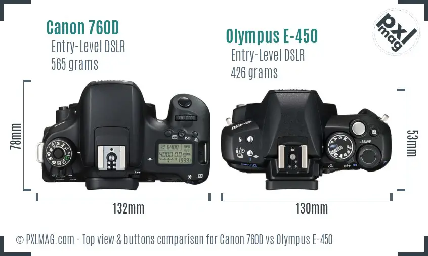 Canon 760D vs Olympus E-450 top view buttons comparison