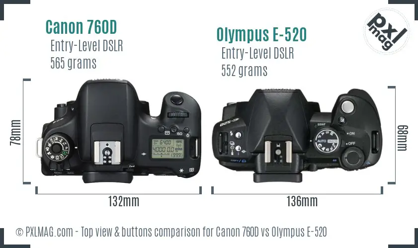 Canon 760D vs Olympus E-520 top view buttons comparison
