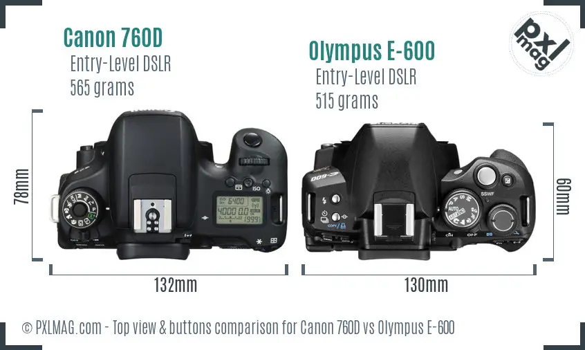 Canon 760D vs Olympus E-600 top view buttons comparison