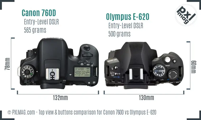 Canon 760D vs Olympus E-620 top view buttons comparison