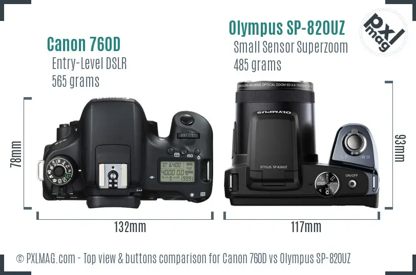 Canon 760D vs Olympus SP-820UZ top view buttons comparison Canon 760D vs Olympus SP-820UZ top view buttons comparison