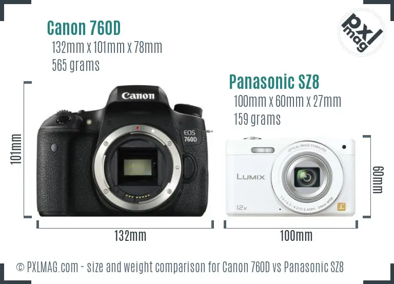 Canon 760D vs Panasonic SZ8 size comparison