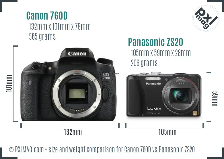 Canon 760D vs Panasonic ZS20 size comparison