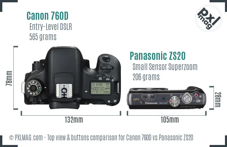 Canon 760D vs Panasonic ZS20 top view buttons comparison