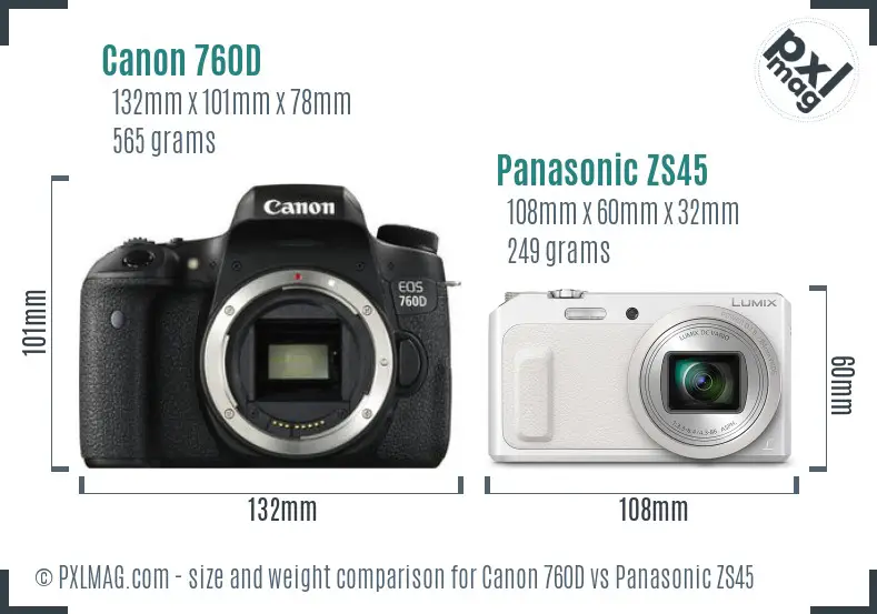 Canon 760D vs Panasonic ZS45 size comparison