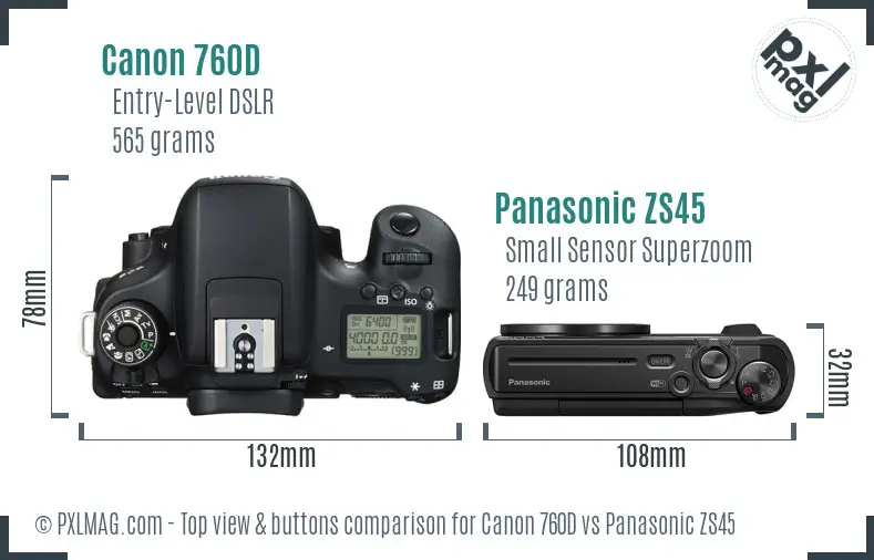 Canon 760D vs Panasonic ZS45 top view buttons comparison