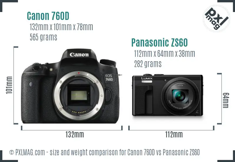 Canon 760D vs Panasonic ZS60 size comparison