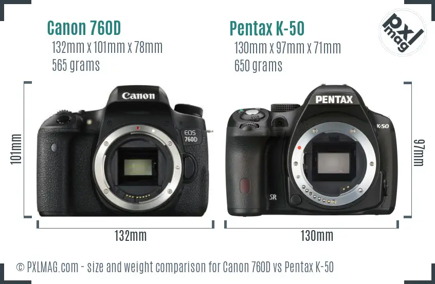 Canon 760D vs Pentax K-50 size comparison