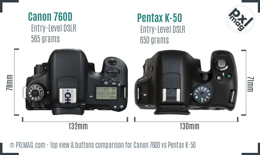 Canon 760D vs Pentax K-50 top view buttons comparison