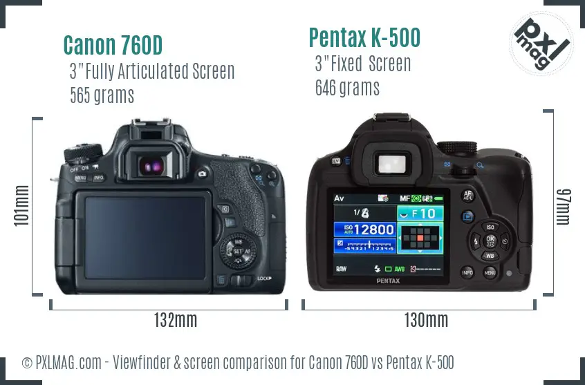 Canon 760D vs Pentax K-500 Screen and Viewfinder comparison