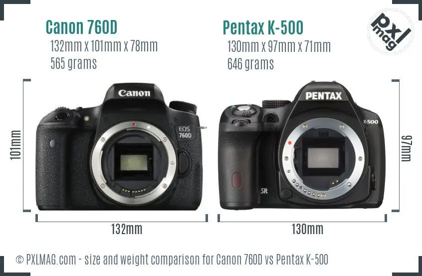 Canon 760D vs Pentax K-500 size comparison