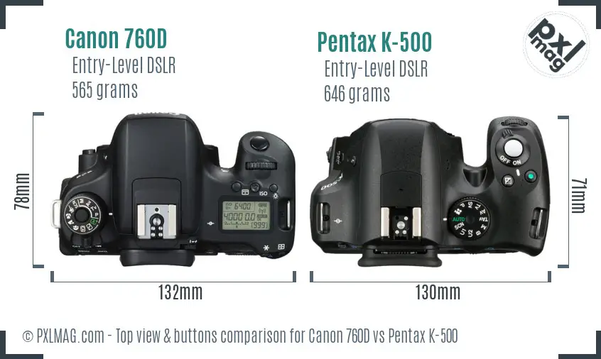 Canon 760D vs Pentax K-500 top view buttons comparison