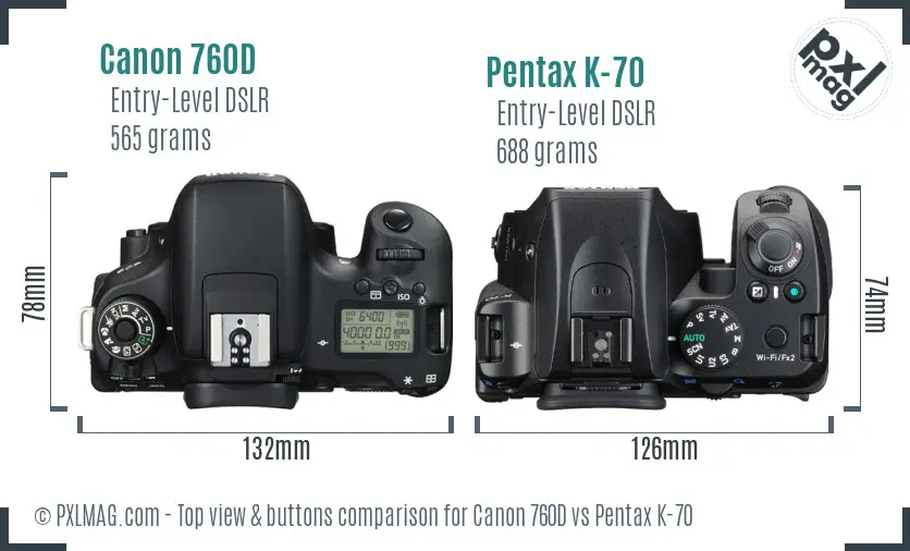 Canon 760D vs Pentax K-70 top view buttons comparison