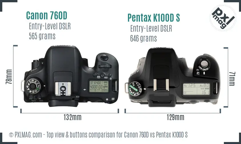 Canon 760D vs Pentax K100D S top view buttons comparison