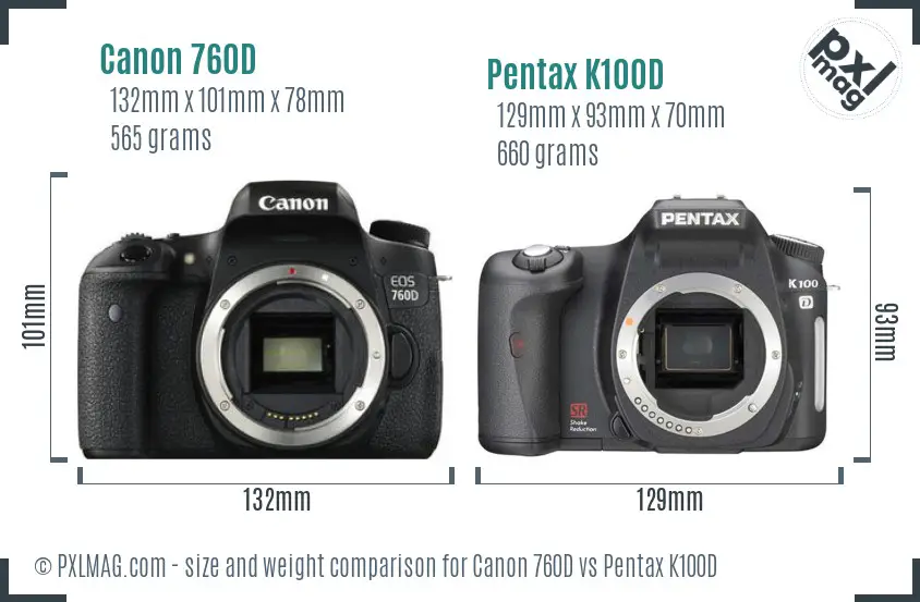 Canon 760D vs Pentax K100D size comparison
