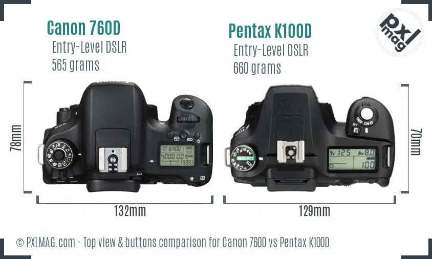 Canon 760D vs Pentax K100D top view buttons comparison