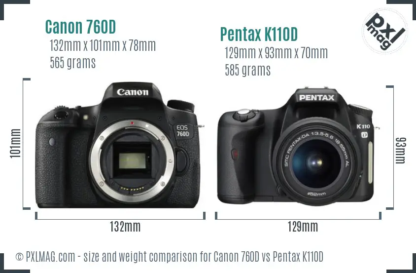 Canon 760D vs Pentax K110D size comparison