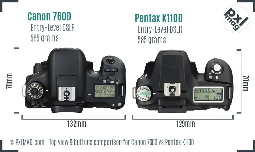 Canon 760D vs Pentax K110D top view buttons comparison