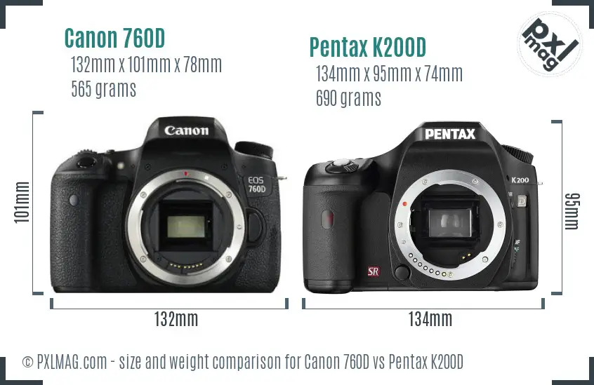 Canon 760D vs Pentax K200D size comparison