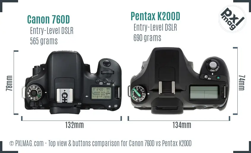 Canon 760D vs Pentax K200D top view buttons comparison