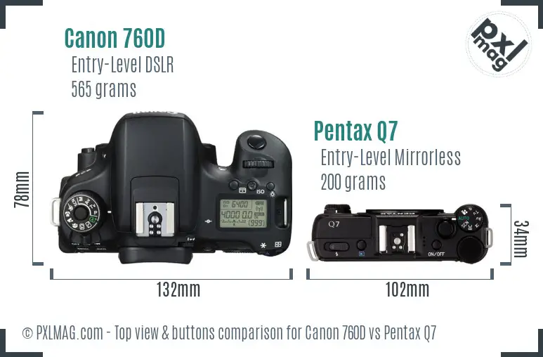 Canon 760D vs Pentax Q7 top view buttons comparison