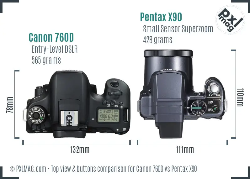 Canon 760D vs Pentax X90 top view buttons comparison